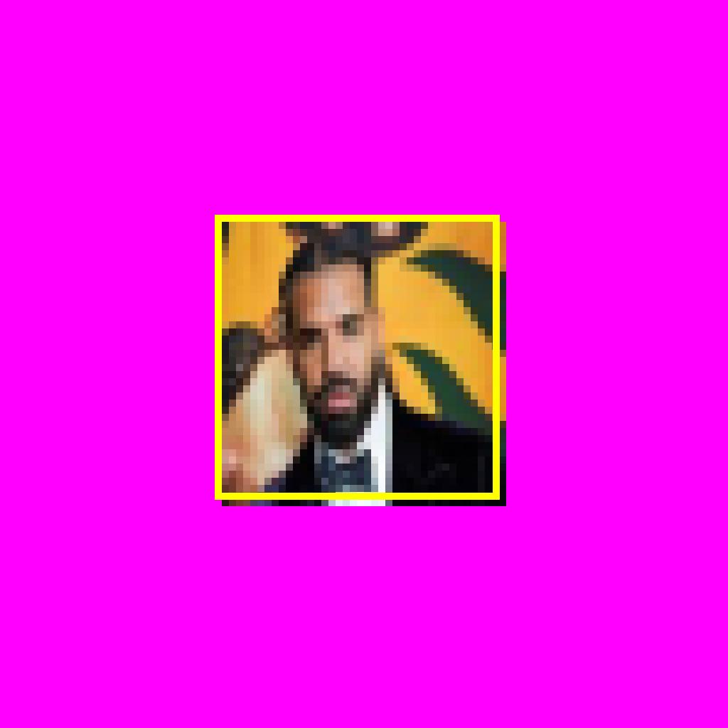 generate a 1024x1024 image with the background colour being a hot pink. the centre of the image contains a 400x400 image of drake. this centre image is heavily pixelised. around this centre image is a yellow border, about 10 pixels in thickness.