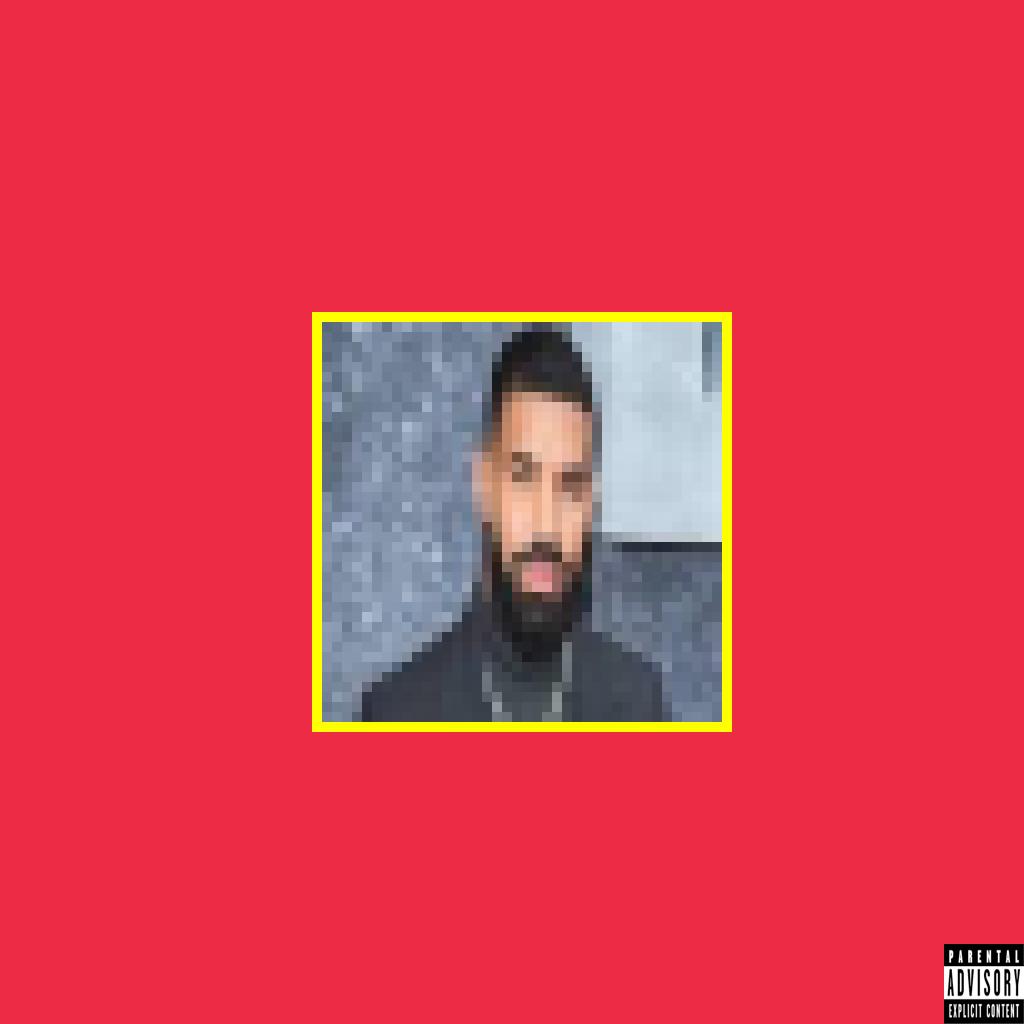 generate a 1024x1024 image with the background colour being a hex code of ed2b45. the centre of the image contains a 400x400 image of drake. this centre image is heavily pixelised. around this centre image (not directly IN the image but AROUND it) is a yellow border, about 10 pixels in thickness. on the bottom right is a small PARENTAL ADVISORY sticker.