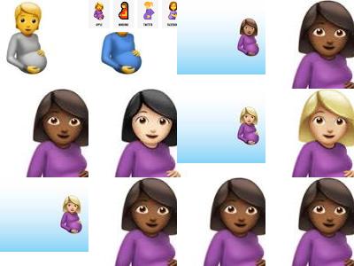 12 pregnant women emojis of different colours in a 4x3 grid on a white background