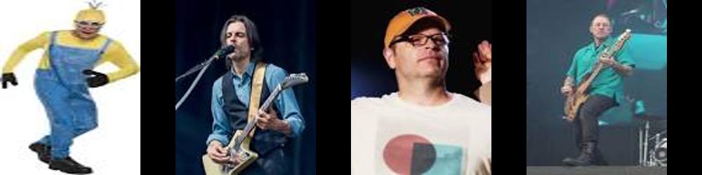 Images of each member of Weezer but they are wearing Minions outfits