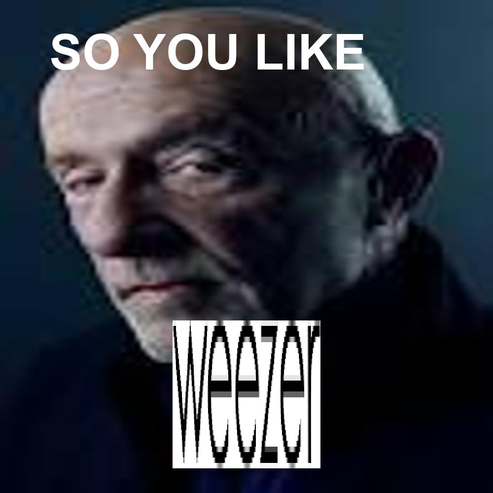 1000x1000 meme image, mike ehrmantraut takes up full image, top text: so you like, bottom text: Weezer logo, top text in large bold uppercase white font