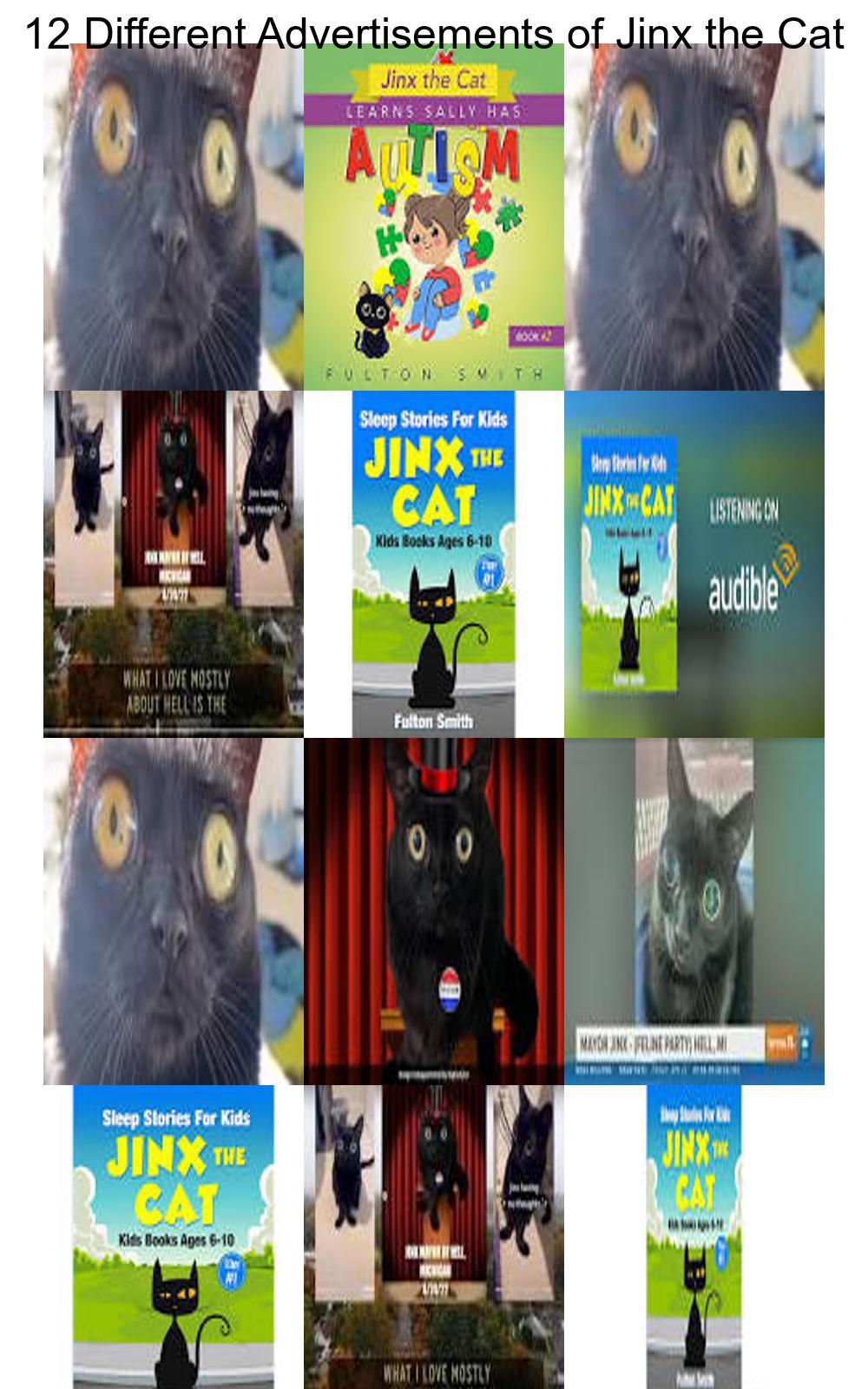 12 different advertisements of jinx the cat