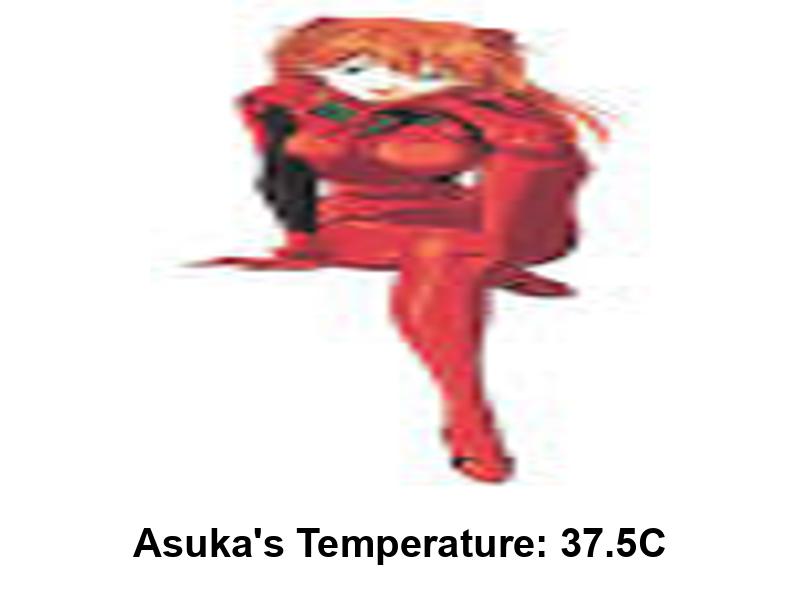 display a picture of asuka from evangelion with a caption saying what her temperature is